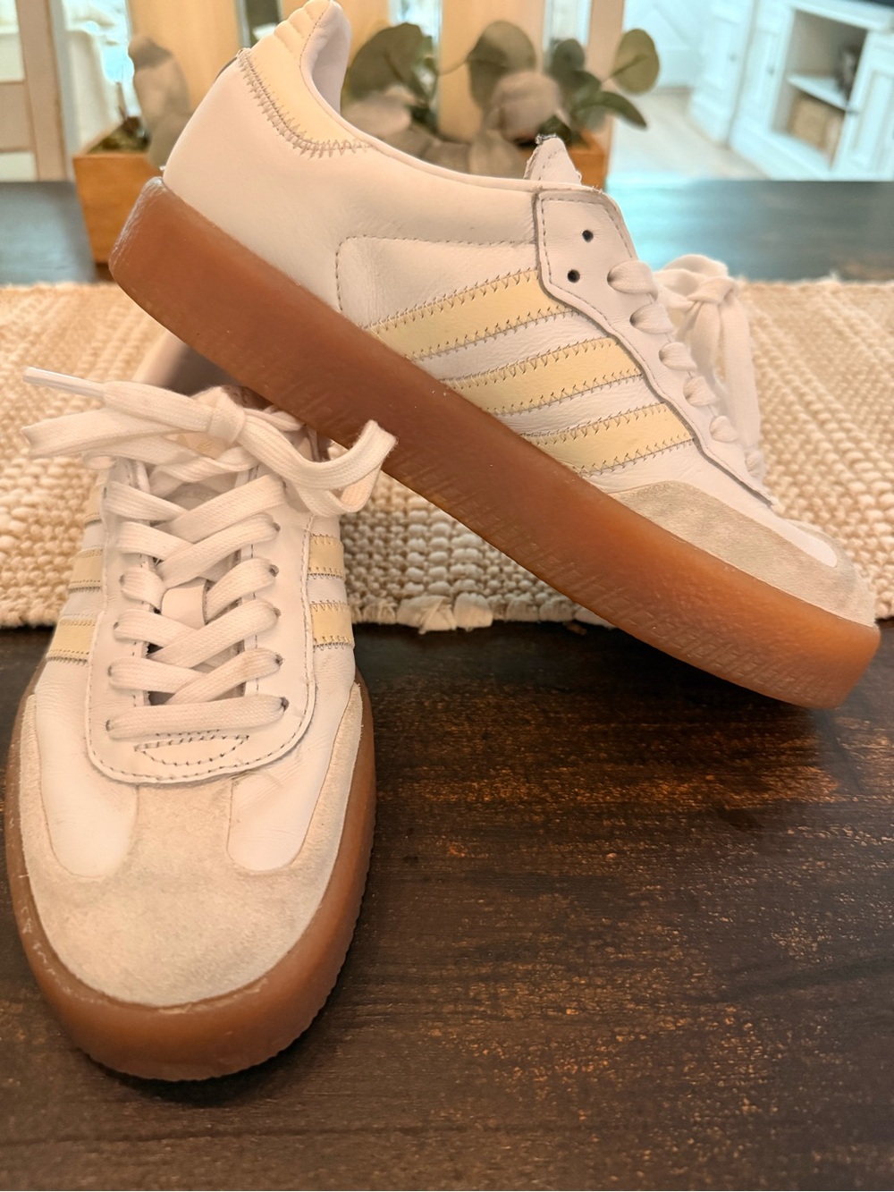 Adidas Samba Women Classic White Gum Sole Sneakers with Cream/ Beige Stripes
